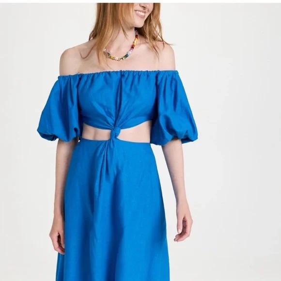 FARM Rio Blue Off-Shoulder Linen Midi Knot Dress Cutout Size L NWT - Picture 7 of 11